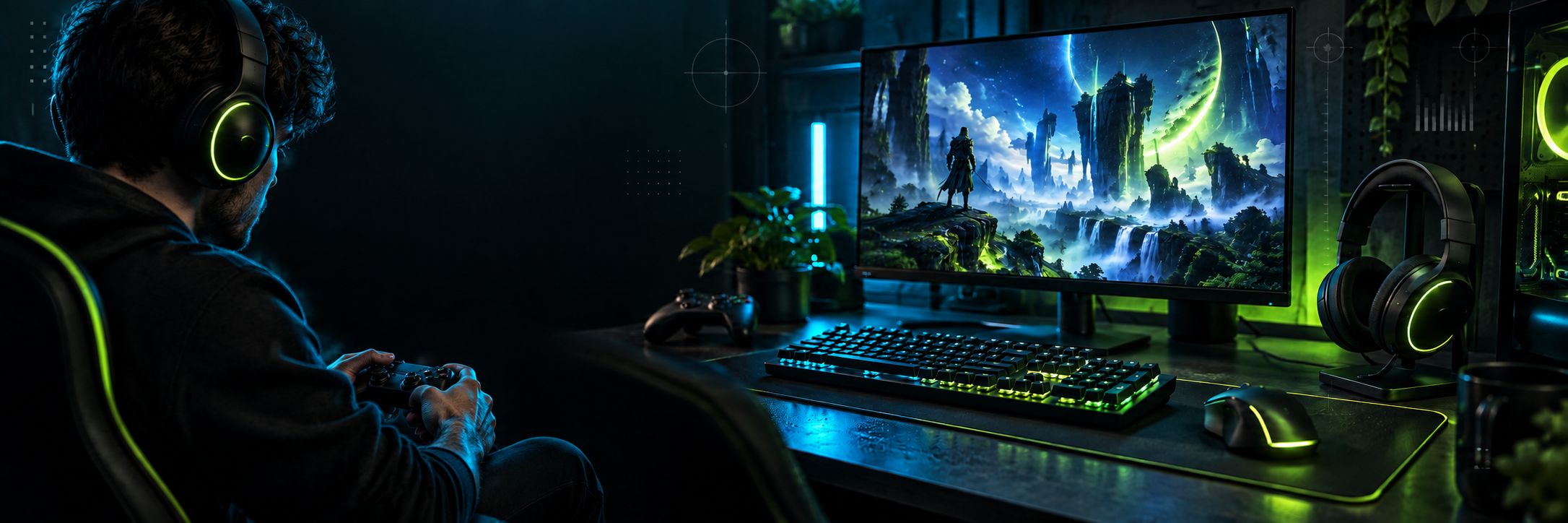Gaming setup with gamer, monitor, keyboard, mouse and headset