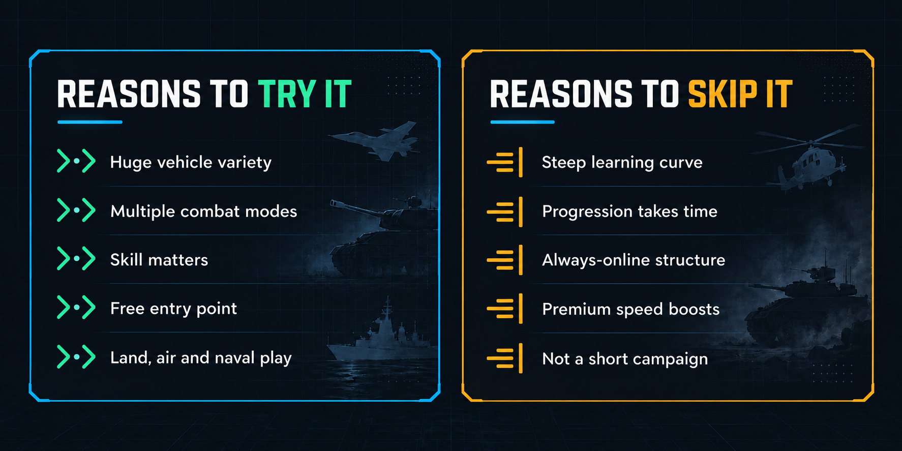 War Thunder reasons to try and reasons to skip comparison cards